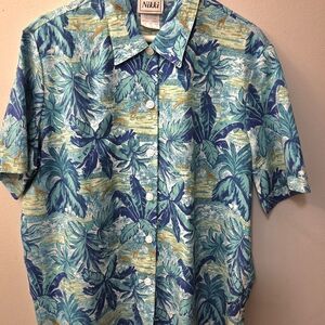 Nikki Tropical Leaf and Safari  Animals Print Women's Blouse - Teal and Yellow